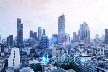 Dünya gezegeninin hologramı Bangkok, Asya 'nın Panorama şehri manzarasında. Uluslararası bağlantılar ve iş dünyası kavramı. Çoklu Pozlama.