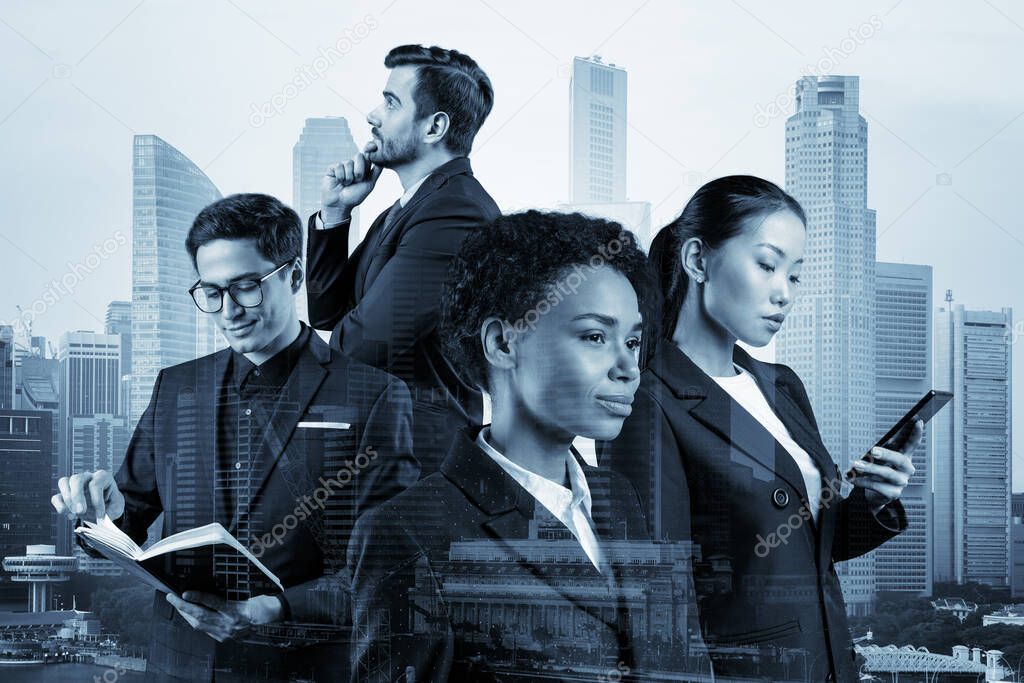 Group of four business colleagues in suits working and dreaming about new career opportunities after MBA graduation. Concept of multinational corporate team. Singapore on background. Double exposure.