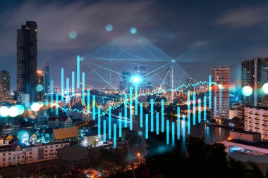 FOREX grafik hologramı, Bangkok 'un hava gece panoramik şehri Asya' daki borsa araştırmacıları için geliştirilmiş bir yer. Temel analiz kavramı. Çift pozlama.