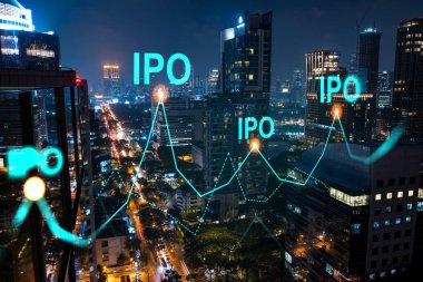Hologram sunan ilk halk, Bangkok 'un gece panoramik şehir manzarası. Asya 'daki çok uluslu şirketlerin finans merkezi. Halka arz sürecinde büyümeyi hızlandırma kavramı. Çift pozlama.