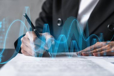 Kadın anlaşma imzalıyor. Finansal piyasa haritası ve grafik hologramı. Çifte maruziyet. İş Analizi kavramı.