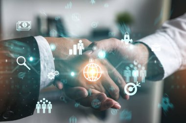 İki iş adamının el sıkışması, araştırma ve geliştirme temalı hologramının arka plan çizimi. İş takviyesi kavramı. Resmi giysi.