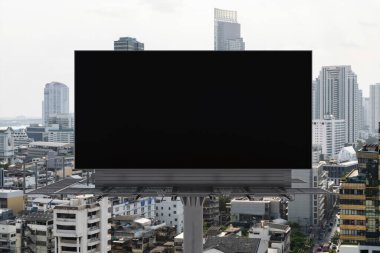 Blank black road billboard with Bangkok cityscape background at day time. Street advertising poster, mock up, 3D rendering. Front view. The concept of marketing communication to promote or sell idea. clipart