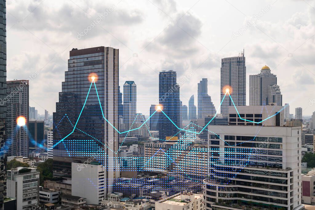 Financial stock chart hologram over panorama city view of Bangkok, business center in Asia. The concept of international transactions. Double exposure.