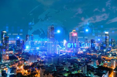 Bangkok, Asya 'nın gece panoramik şehir manzarasında Dünya haritasının hologramı. Uluslararası şirketler kavramı. Çoklu Pozlama.