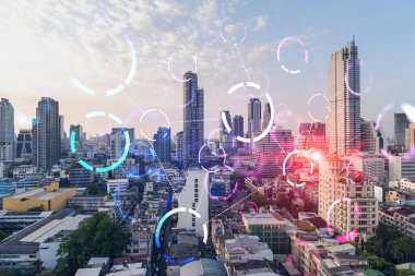 Bangkok şehri ve teknolojisi Hud 'a çoklu pozlama çekiyor. Gün batımı.