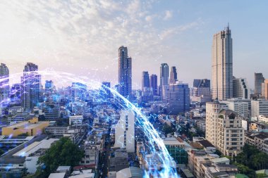 Bangkok şehri ve teknolojisi Hud 'a çoklu pozlama çekiyor. Gün batımı.