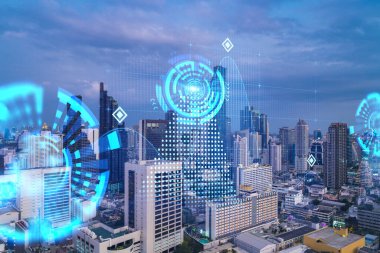 Bangkok şehri ve teknolojisi Hud 'a çoklu pozlama çekiyor. Gün batımı.