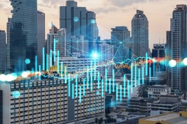 Bangkok şehir manzarasının günbatımı arkaplanı. Forx grafikli. Başarı ve finans kavramı. Çoklu pozlama