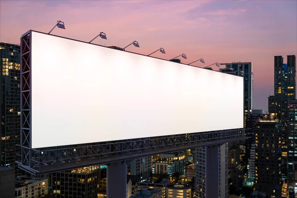 Blank white road billboard with Bangkok cityscape background at night time. Street advertising poster, mock up, 3D rendering. Side view. The concept of marketing communication to sell idea. — Stock Photo, Image