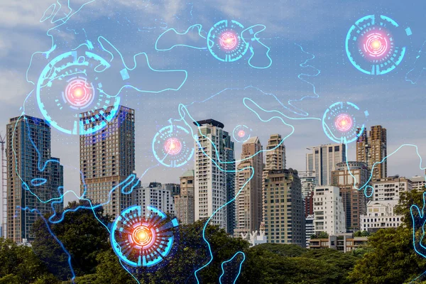 Multi exponering av Bangkok stadsbild dagtid och världskarta hologram. Begreppet medienätverk. — Stockfoto