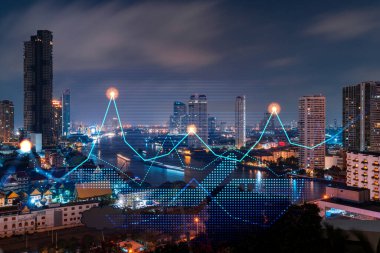 Borsa grafiği hologramı, Bangkok 'un gece manzarası, Asya' da mali eğitim almak için popüler bir yer. Uluslararası araştırma kavramı. Çift pozlama.
