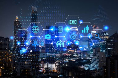 Araştırma ve teknolojik gelişim simgeleri parlıyor. Bangkok 'un panoramik şehir manzarası. Asya 'da yeni hizmetleri veya ürünleri genişleten yenilikçi faaliyetler kavramı. Çift pozlama.