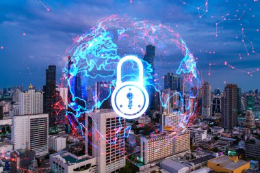 Asya, Bangkok 'un günbatımı panoramik şehir manzarasında Padlock' un hologramı. Siber güvenlik istihbaratı kavramı. Çoklu pozlama.