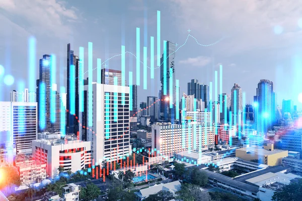 Holograma de la divisa y el mercado de valores sobre la vista panorámica de la ciudad de Bangkok, el centro financiero en Asia. El concepto de comercio internacional. Doble exposición. —  Fotos de Stock