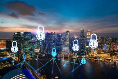 Asya, Singapur 'un günbatımı panoramik şehir manzarasında Padlock' un hologramı. Siber güvenlik istihbaratı kavramı. Çoklu pozlama.