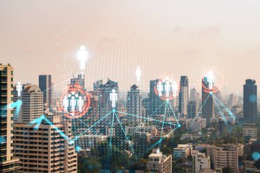 Sosyal medya hologramlarını Bangkok, Asya 'nın Panorama şehri manzarasına yansıtıyor. İnsanların ağ kurma ve bağlantı kurma kavramı. Çift pozlama.