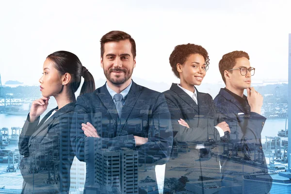 Front view of successful smiling business consultants standing in a row in suits and ready to tackle with customer problem. Singapore cityscape. Multinational corporate team. Double exposure.