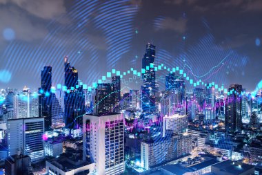 FOREX grafik hologramı, Bangkok 'un hava gece panoramik şehri Asya' daki borsa araştırmacıları için geliştirilmiş bir yer. Temel analiz kavramı. Çift pozlama.