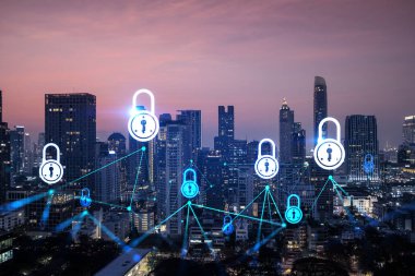 Asya, Bangkok 'un günbatımı panoramik şehir manzarasında Padlock' un hologramı. Siber güvenlik istihbaratı kavramı. Çoklu pozlama.