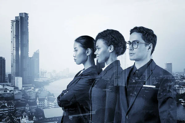 Group of successful smiling business consultants standing in a row in suits and ready to tackle with customer problem. Bangkok cityscape. Multinational corporate team. Double exposure.