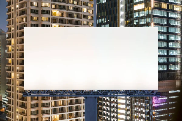 Blank white road billboard with Bangkok cityscape background at night time. Street advertising poster, mock up, 3D rendering. Front view. The concept of marketing communication to promote idea. — Stock Photo, Image