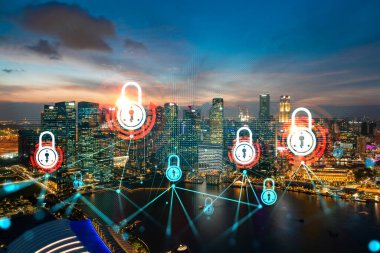 Asya, Singapur 'un günbatımı panoramik şehir manzarasında Padlock' un hologramı. Siber güvenlik istihbaratı kavramı. Çoklu pozlama.