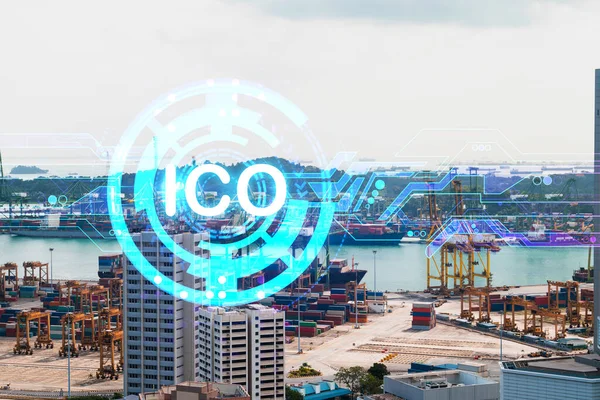 ICO icon hologram over panorama city view of Singapore, the hub of blockchain projects in Asia. The concept of initial coin offering. Double exposure.