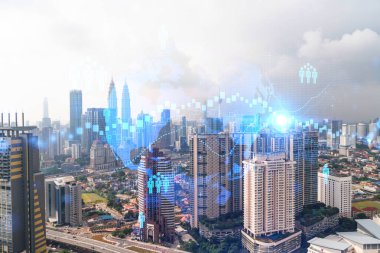 Sosyal medya, Kuala Lumpur, Malezya, Asya 'nın panorama şehri görüntüsü üzerine hologramı simgeliyor. İnsanların ağ kurma ve bağlantı kurma kavramı. Çift pozlama.