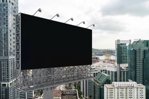 Panneau d'affichage de route noir blanc avec fond de paysage urbain de Singapour à l'heure du jour. Affiche publicitaire, maquette, rendu 3D. Vue latérale. Le concept de communication marketing pour vendre l'idée. — Photo