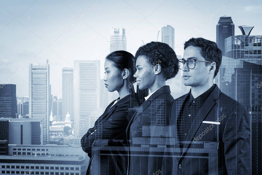 Group of three business colleagues in suits dreaming about new career opportunities after MBA graduation. Concept of multinational corporate team. Singapore on background. Double exposure.