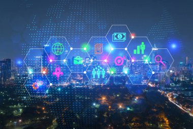 Araştırma ve Geliştirme temalı büyük şehir manzaralı gece manzarası hologram çiziyor. Veri kavramı. Çoklu pozlama