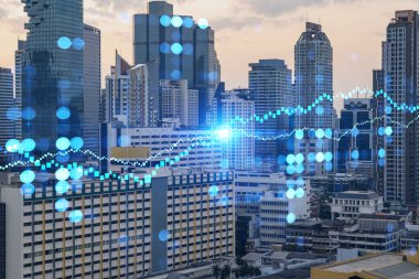 Bangkok şehir manzarasının günbatımı arkaplanı. Forx grafikli. Başarı ve finans kavramı. Çoklu pozlama