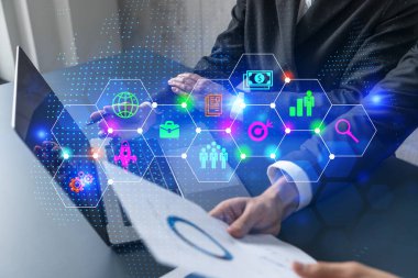 Birlikte çalışan iki kişi ve iş ikonu çizimi. Araştırma ve geliştirme kavramı. çift pozlama