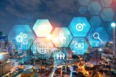 Araştırma ve teknolojik gelişim simgeleri parlıyor. Bangkok 'un panoramik şehir manzarası. Asya 'da yeni hizmetleri veya ürünleri genişleten yenilikçi faaliyetler kavramı. Çift pozlama.