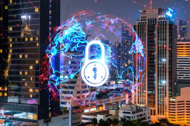 Parlayan Padlock hologramı, Bangkok, Asya 'nın gece panoramik şehir manzarası. Şirketleri korumak için siber güvenlik kavramı. Çift pozlama.