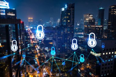 Parlayan Padlock hologramı, Bangkok, Asya 'nın gece panoramik şehir manzarası. Şirketleri korumak için siber güvenlik kavramı. Çift pozlama.