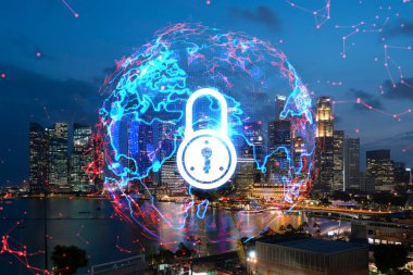 Parlayan Padlock hologramı, Singapur, Asya 'nın gece panoramik şehir manzarası. Şirketleri korumak için siber güvenlik kavramı. Çift pozlama.