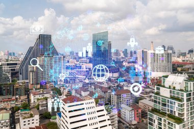 Sosyal medya hologramlarını Bangkok, Asya 'nın Panorama şehri manzarasına yansıtıyor. İnsanların ağ kurma ve bağlantı kurma kavramı. Çift pozlama.