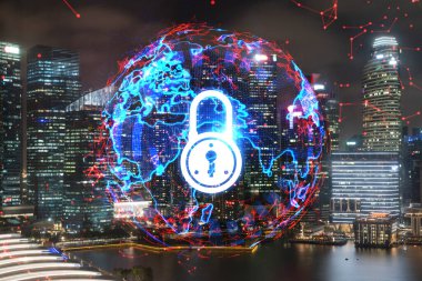 Parlayan Padlock hologramı, Singapur, Asya 'nın gece panoramik şehir manzarası. Şirketleri korumak için siber güvenlik kavramı. Çift pozlama.