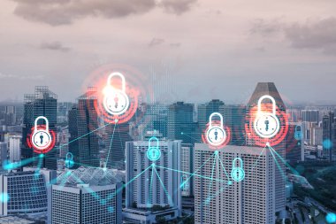 Asya, Singapur 'un günbatımı panoramik şehir manzarasında Padlock' un hologramı. Siber güvenlik istihbaratı kavramı. Çoklu pozlama.