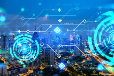 Bilgi akışı hologramı, Kuala Lumpur 'un gece manzarası. KL, Malezya 'nın en büyük teknoloji merkezidir. Bilimi programlama kavramı. Çift pozlama.