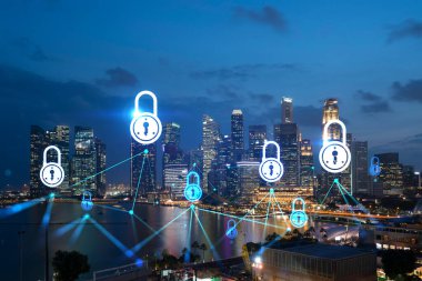 Parlayan Padlock hologramı, Singapur, Asya 'nın gece panoramik şehir manzarası. Şirketleri korumak için siber güvenlik kavramı. Çift pozlama.