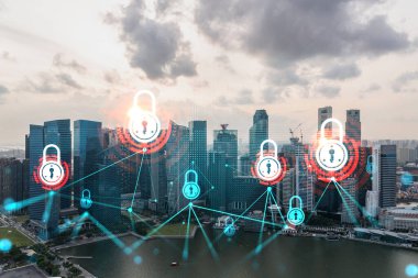 Asya, Singapur 'un günbatımı panoramik şehir manzarasında Padlock' un hologramı. Siber güvenlik istihbaratı kavramı. Çoklu pozlama.