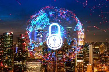 Parlayan Padlock hologramı, Singapur, Asya 'nın gece panoramik şehir manzarası. Şirketleri korumak için siber güvenlik kavramı. Çift pozlama.