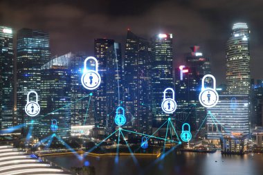 Parlayan Padlock hologramı, Singapur, Asya 'nın gece panoramik şehir manzarası. Şirketleri korumak için siber güvenlik kavramı. Çift pozlama.