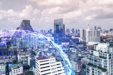 Soyut teknoloji hologramları Bangkok, Asya 'nın panorama şehri görüntüsü üzerinde simgeler. İnsanların ağ kurma ve bağlantı kurma kavramı. Çift pozlama.