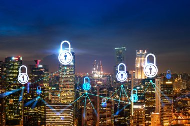 Parlayan Padlock hologramı, Singapur, Asya 'nın gece panoramik şehir manzarası. Şirketleri korumak için siber güvenlik kavramı. Çift pozlama.
