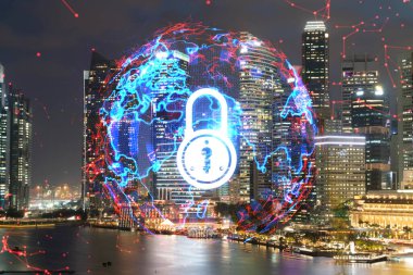 Parlayan Padlock hologramı, Singapur, Asya 'nın gece panoramik şehir manzarası. Şirketleri korumak için siber güvenlik kavramı. Çift pozlama.