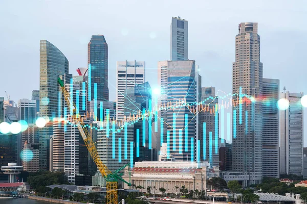 Forex and stock market chart hologram over panorama city view of Singapore, the financial center in Asia. The concept of international trading. Double exposure. — Stock Photo, Image